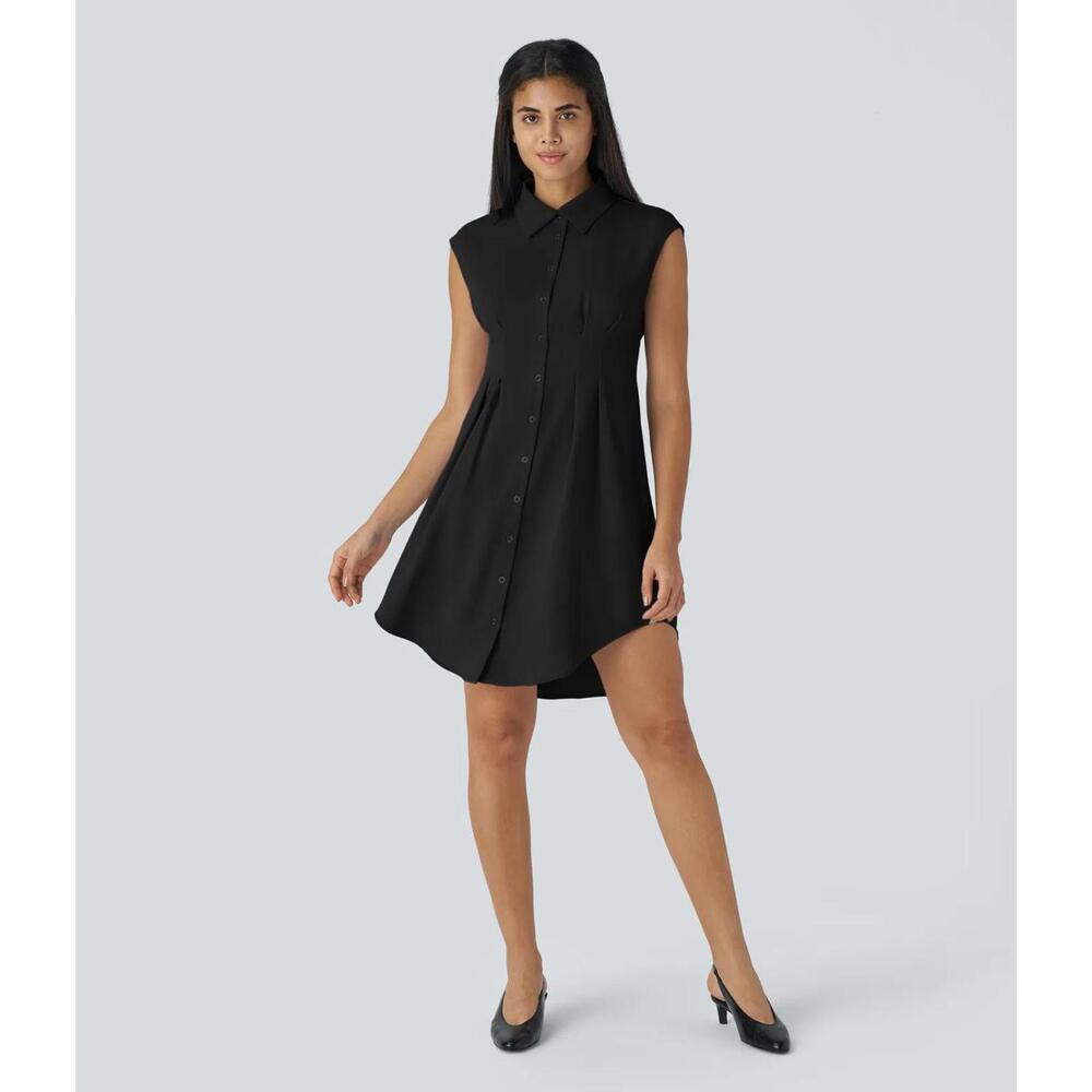 NWT Halara Sleeveless Curved Hem Mini Work Shirt Dress Black Size XL